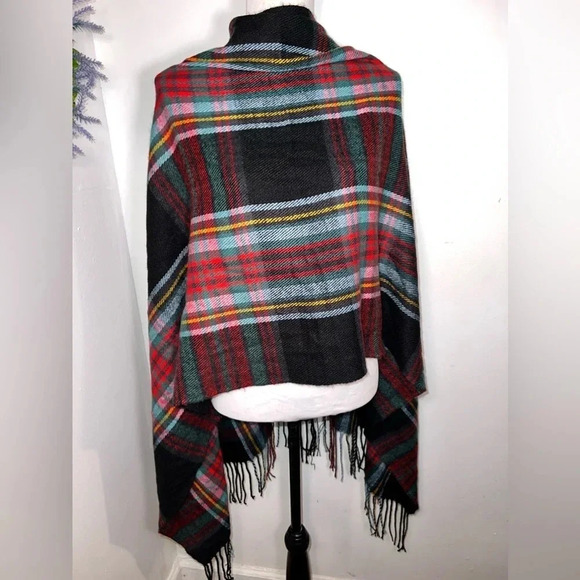 Black multicolored plaid convertible,3-button shawl w/ fringes 72”25.5” 4”fringe - Picture 4 of 5
